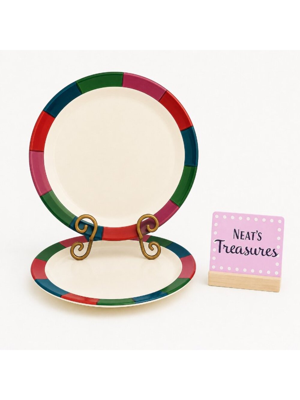 Homer Laughlin TONES Rolled Edge Multicolor Blocks Edge Luncheon  Plates Set 2